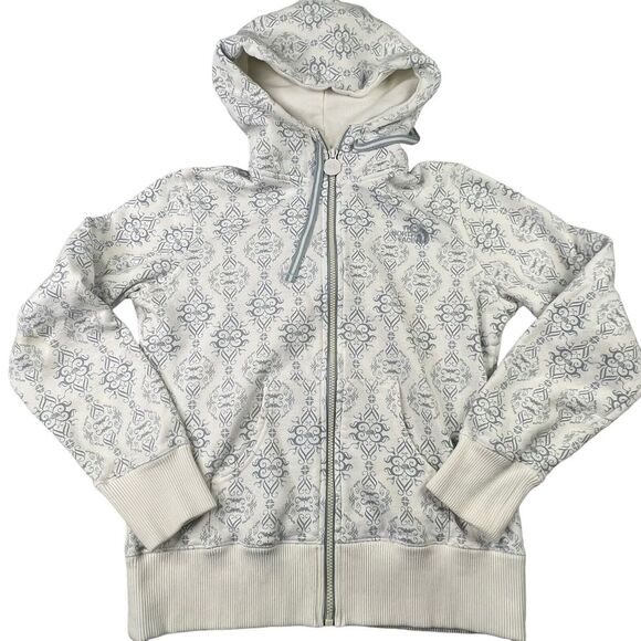 North Face Womens‎ Sweater Size Medium Blue White Scroll Print Fleece Hoodie Zip - Picture 1 of 12